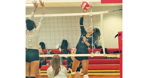 Isabel Davenport gets the upper hand with a deft touch at the net for a Lumpkin point versus Rabun. Davenport has upped her aggressiveness this season and continues, alongside Kiersta Trammell as part of Lumpkin’s setting dynamic duo.