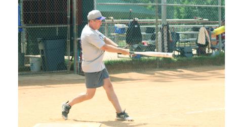 LC Miner outfielder Greg “Golden Boy” Lewis burns the Rabun outfielders with a hit to the gap for a two-run, inside-the-park home run against the Relics on August 19.