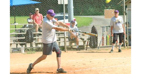 Dahlonega Gold player Jeff “Make My Day” Maynard smacks a double during the Gold’s league matchup against the LC Miners.