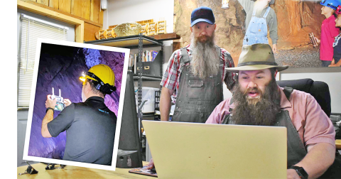 Consolidated Gold Mine manager Dathan Harbert (right) and gold miner Jamie Shedd review drone video on the computer.  (Right) Nir Pe’er of Inspired Intelligence controls a drone that is flying through previously unmapped Consolidated Gold Mine tunnels to create never-before seen maps.