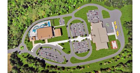 This screen capture from the recent video released by Lumpkin County Schools shows a view of the proposed property design for the new elementary school and county pool.