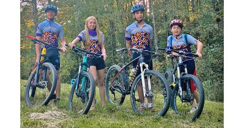 From left, Cru Norton, Shiloh Claussen, Connor Bagley and Devin White represented Gold City Composite on race days this fall in the new mountain bike team’s inaugural season racing in the Georgia Interscholastic Cycling League in 2020.