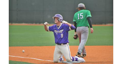 Hayden Cleland flexes for his teammates after sliding in safe for a RBI triple during Lumpkin’s first game of the day against Pickens County. Cleland performed well both on the mound and at the plate.