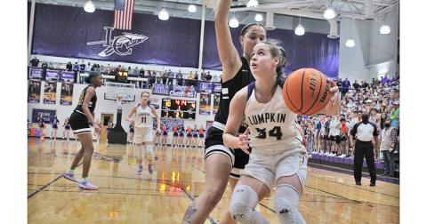 MaKenzie Caldwell works in the low post against the Cross Creek defender during Lumpkin’s Final Four matchup.