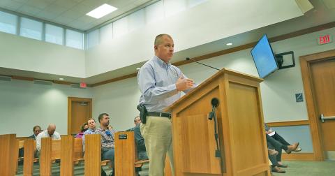 Lumpkin County Sheriff Stacy Jarrard speaks to the Lumpkin County Board of Commissioners meeting on March 16 about a proposed sound ordinance.