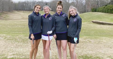 Isabel Davenport, Sarah Bell, Alyssa Chambers and Lexi Pierce of the LCHS Girls Golf take a quick pause during a recent match. As the team prepares for the Area Competition, all four look to compete for a spot on the Lumpkin scorecard.