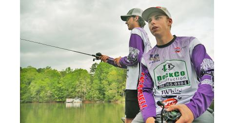 A.J. Moss (right) and his fishing partner Carder Dockery hit Lake Lanier for some added practice leading up to the Inaugural GHSA Bass Fishing State Championship this Saturday. The two will represent LCHS and the Lumpkin County Schools Fishing Club in hopes of bringing home the first ever state title.