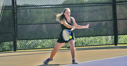 Cady Geddings sends a volley back over the net during the Indians’ Sweet 16 matchup with GAC on April 22. Lumpkin fell 3-0, ending an incredible 15-3 run.