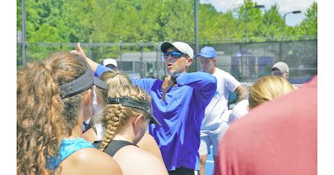 UNG Tennis head coach Kent Norsworthy instructs campers at the LCHS Tennis Camp.