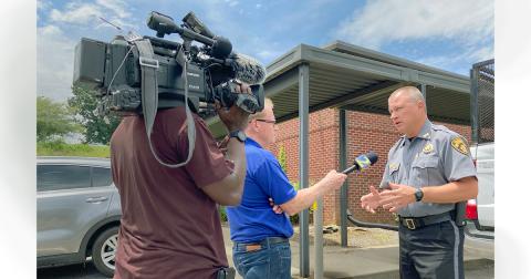 Lumpkin County Sheriff Stacy Jarrard speaks to an Atlanta news station following the 24-hour manhunt and apprehension of Gerardo Jonathan Flowers.