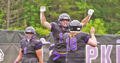Caleb Norrell (center) and Cooper Scott (right) celebrate a touchdown during the spring scrimmage against Johnson High School. Indian’s fans can get a first glimpse at the team at Meet the Indians Night this Friday, in hopes of seeing the first of many celebrations that will happen this season.