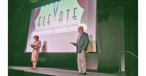 Board Chairman Ivana Pelnar-Zaiko (left) and Chairman Emeritus Hal Williams as they thank the Holly Theatre’s donors at the recent “Elevate” event. Over $20,000 was raised from the community to go towards renovations.
