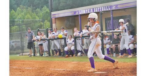 Haley Sparks steps to slap a pitch in a recent game. Sparks and teammate Brooke Temples led the way for the Indians against North Hall with two hits each as Lumpkin put up 10 runs in the defeat.