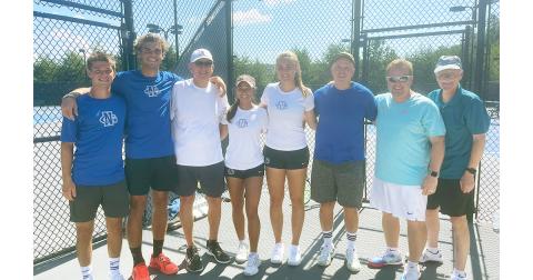 Winners in the men’s division at the UNG tennis pro-am are pictured along with players: Giulo Sassi, Daniel Ostap, Bryan Reynolds, Rafaella Villanueva, Angelina Linnikova, Al Hicks, Alan Walhausin and Ray Metzger.