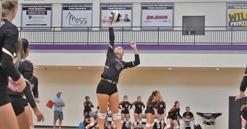 Lumpkin’s Averie Jones goes up for a spike in a recent game. Head coach Haley Dibble mentioned Jones as a key player in the last week of play, often coming “out of nowhere to save the ball.”