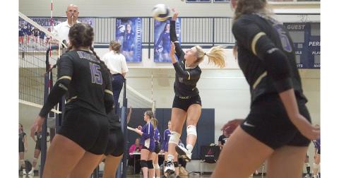 Lexi Pierce goes up for a kill during Lumpkin’s win over Chestatee. Pierce has settled into her role as hitter for Lumpkin, becoming a constant threat for opposing teams.