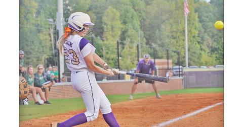Kelsey Marshall slams a double into the gap in her Senior Night game on Friday against North Hall. Marshall then came around to score one batter later, representing Lumpkin’s lone run of the night, falling 4-1 to the Trojans.