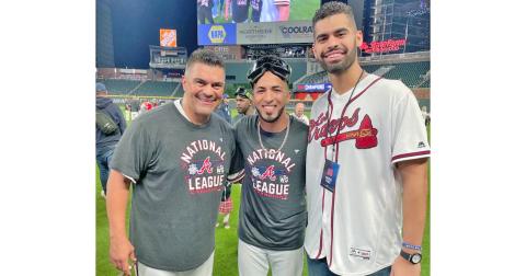 The two MVP Eddies, (from left) Braves coach Eddie Perez and outfielder Eddie Rosario join former UNG catcher Andres Perez as he celebrates the Braves NLCS victory that clinched the team's ticket to the World Series with his dad. Andres said watching Rosario's miraculous NLCS MVP performance felt like getting to watch videos of his dad during the 1999 NLCS when he also won series MVP and led the Braves to their last World Series appearance, when Andres was only one year old.
