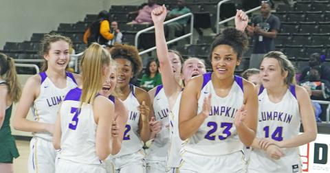 The LCHS Girls Basketball team celebrates after clinching the first state championship berth in school history on Saturday after taking down Westminster, 64-42. The Indians will play for a state championship on Friday in Macon at 1 p.m.