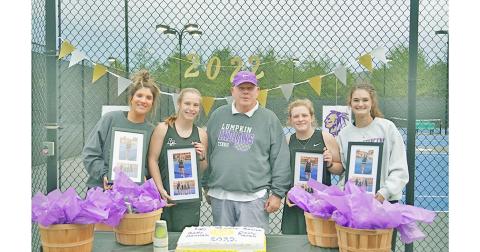 LCHS Tennis honored its seniors (from left) Karen Harris, Cady Geddings, Carly Sosebee and Hannah Davis after its win over Dawson on Tuesday.