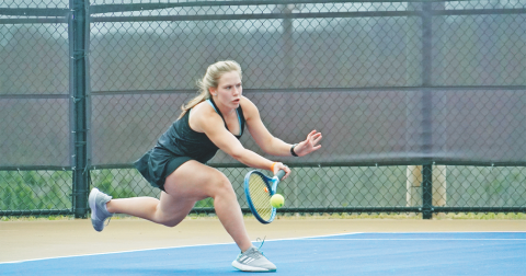 Cady Geddings lunges forward to return a volley during Lumpkin’s 7 AAA Region Tournament. Geddings won the final match of the tournament for the Indians to clinch a third place finish in the region.
