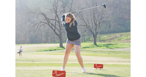 Lumpkin senior Alyssa Chambers sends a drive off the tee during a recent match at Achasta Golf Club in Dahlonega. The senior finished her Lumpkin golf career last week at the Area Tournament as her team finished seventh out of 16 teams.