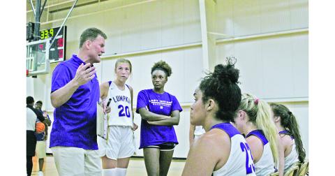 Lumpkin County High School Girls Basketball head coach David Dowse coaches up his team during a break in the action at the GBCA NCAA Evaluation Team Camp this past weekend.