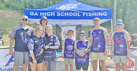 Members of the Lumpkin County High School Bass Fishing team competed in three different leagues of bass fishing this season, with the majority of the team competing in Georgia High School Fishing (GHSF). Pictured are head coach Joseph Jones, sisters Audrey and Lyndsey Gailey, Levi Self, Cooper McDonald, Jake Barrett, Scooter Ligon and Tyler Boggs.