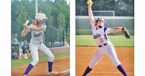 LEFT: Lumpkin outfielder Brooke Temples recently signed with Andrew College to play softball at the next level.  RIGHT: Emmie Graham delivers a pitch during this past season for the Indians. Graham is now set to play for Andrew College next season.