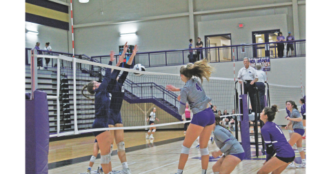 Outside hitter Morgan Powell spikes one home as Lumpkin battles White County last week. The Indians fell to White County, but defeated West Hall during Senior Night.