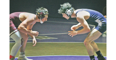 Wrestler TJ Payne takes on his Dawson County opponent during Lumpkin’s home meet last week.