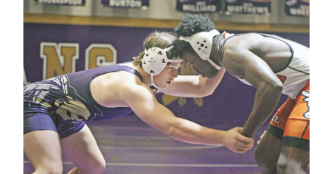 Lumpkin’s Mike Nichols takes on an opponent at the Tribe House.  Nichols was able to pin his talented opponent from White County during the Area Duals last week.