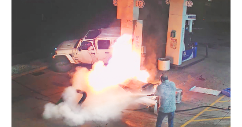 Security cameras captured the scene as Afzal Kutty battled a blaze that occurred last week at the local “Disco” Marathon gas station after a driver lost control and collided with the gas pump.