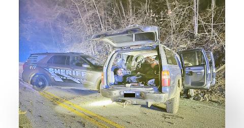 A chase across county lines resulted in a collision on Highway 52 when suspect Jody Shea allegedly struck a Lumpkin County Sheriff’s Office patrol car. (Photo courtesy of LCSO)