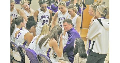 LCHS girls basketball head coach David Dowse talks strategy during a timeout in last week’s home game.