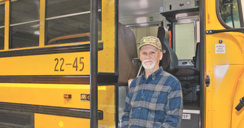 Robert Edmondson, a Blackburn Elementary driver for 12 years, brings his shiny school bus in for routine inspection.