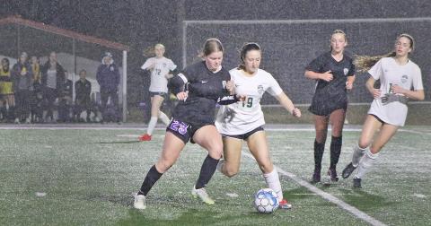 Lumpkin County’s Rae Lynn Myers makes a defensive play on the ball against North Hall. Myers was chosen as Lumpkin’s player of the match. (Photo by Cannon Crompton)