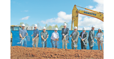 Some of the officials in attendance at the aquatic center groundbreaking March 24 included (from left) Carroll Daniel Senior Project Manager Brandon Harmon, Commissioner Rhett Stringer, Commissioner Jeff Moran, Commissioner Bobby Mayfield, County Manager Alan Ours, Chairman Chris Dockery, School Superintendent Rob Brown, Senator Steve Gooch and Parks & Rec Advisory Board Chair Brooke Smith.