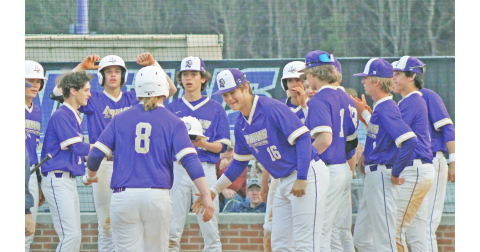 The Lumpkin County High School baseball team celebrates Cooper Scott’s homer against West Hall last week.