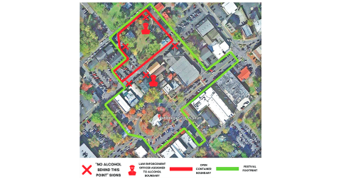 A City document shows the Open Container boundary and the Bear on the Square Festival area.