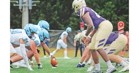 The Lumpkin County defense lines up against the North Cobb Christian offense in the spring game on Friday night. 
