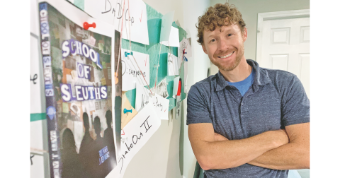 Executive Editor Matt Aiken has spent many hours in the basement writing School of Sleuths, which is soon to be his his first published novel. Much like the main characters in the book, Aiken kept track of the multiple mysterious plot points with a large tack-filled bulletin board deemed “The Crazy Board.”