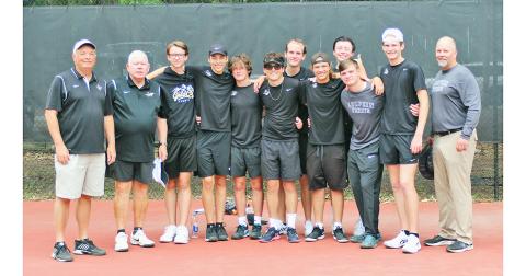 The Lumpkin County boys tennis team pauses for a moment following their game against Savannah Country Day School. (Photo submitted to The Nugget)