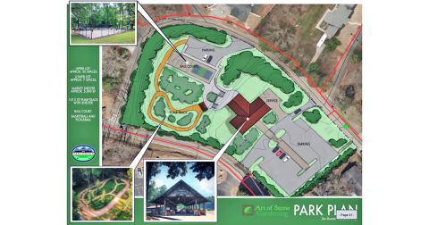 An artist’s concept for a proposed park at the old kindergarten property on 147 North Park Street depicts parking, a shelter, a bicycle pump track and two ball courts.