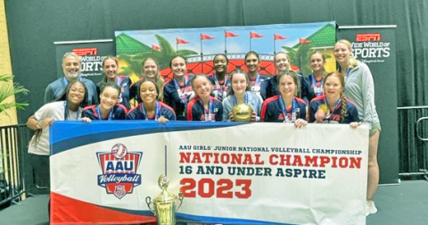 The A5 volleyball team, including local player Morgan Powell, pauses for a photo after taking first place in the AAU National Tournament. (photo submitted)