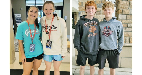 LEFT: Gwendalyn Wight and Nora Garbuzovas prepare for their big day at the competition in Fargo.  RIGHT: Austin Marshall and Nathan Nielsen arrive in Fargo for their national competition.