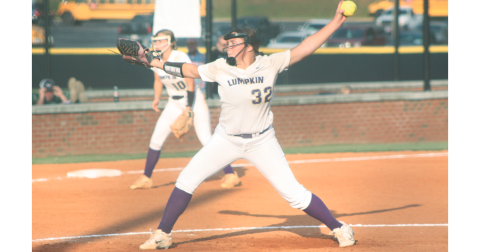 Lumpkin County’s Ava Estes delivers a pitch from the circle during the Lady Indians’ game against the Dragons.