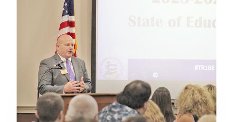 Lumpkin County Schools Superintendent Dr. Rob Brown speaks to the audience at the recent State of Education luncheon. Earlier this week Brown announced his plans to retire from his position at the end of 2023. The news came at the Board of Education meeting on Monday.