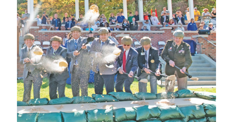 Many dignitaries and supporters gathered to celebrate the groundbreaking for the future Military Science Center on the Dahlonega campus including, from left, UNG President Michael Shannon, University System of Georgia Chancellor Sonny Perdue, State Sen. Steve Gooch, State Rep. Will Wade, University System of Georgia Regent Jim Syfan, retired Col. Wayne Dill, and UNG alumnus Maj. Gen. Dwayne Wilson—commanding officer of Georgia Army National Guard. (Photo by Alyssa Annis/UNG)