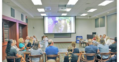 The 2023 Regional Education and Economic Development Tour included a Lumpkin Business Roundtable at the UNG Library. The panel discussion featured representatives of the Dahlonega-Lumpkin Chamber of Commerce, local small business owners and university staff. (Photo by Keith Murden)